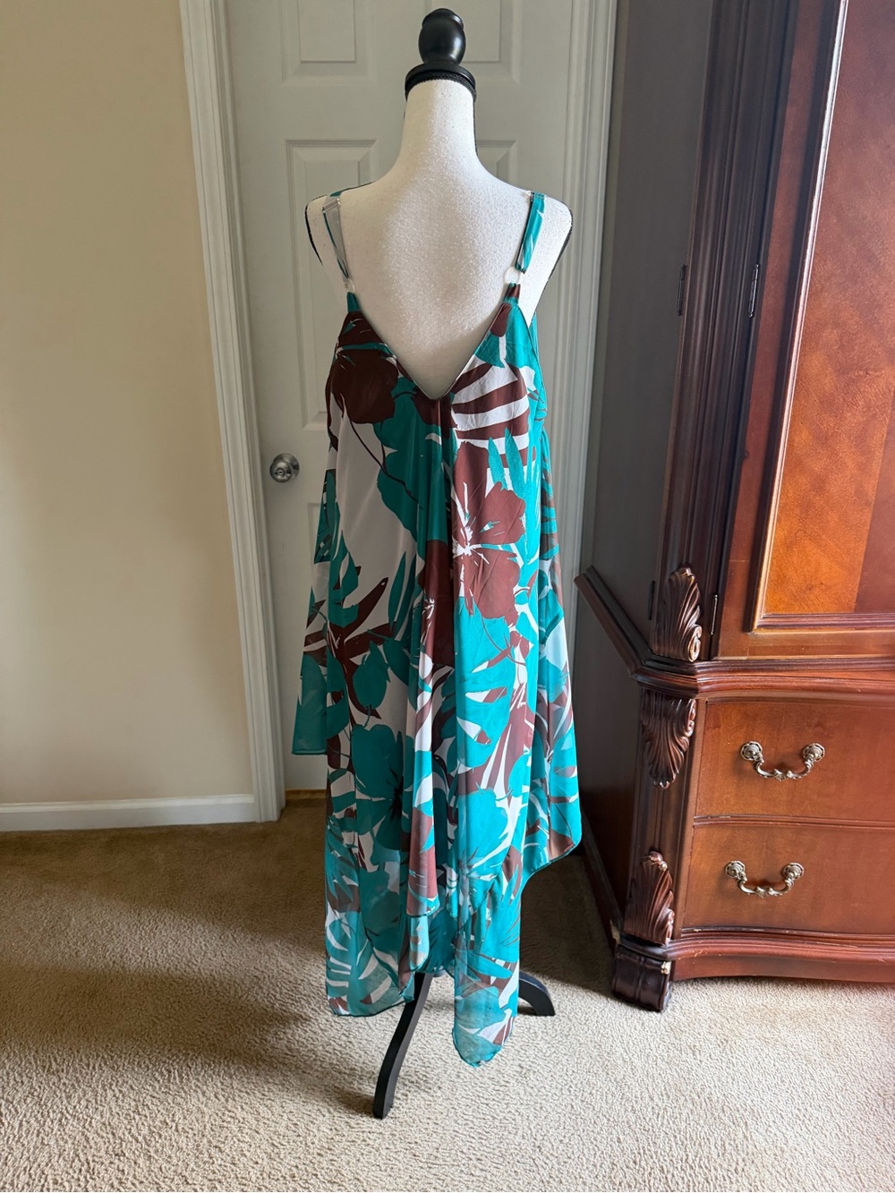 Flowy Teal Tropical Print Handkerchief Hem Dress - Picture 11 of 14